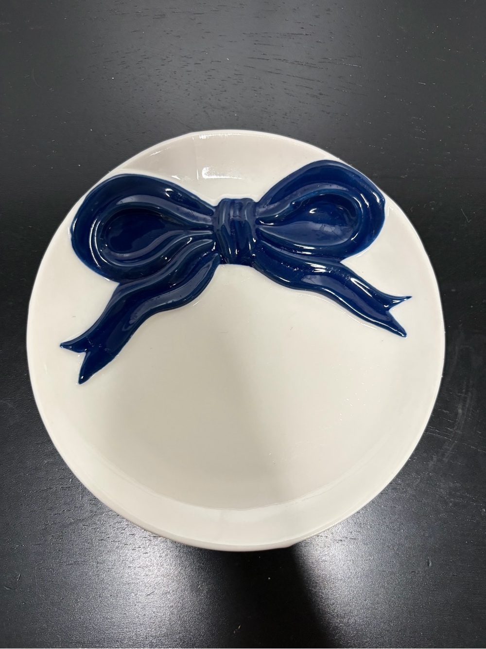 White Ceramic Decorative Trinket Dish with Navy Blue Bow Accent